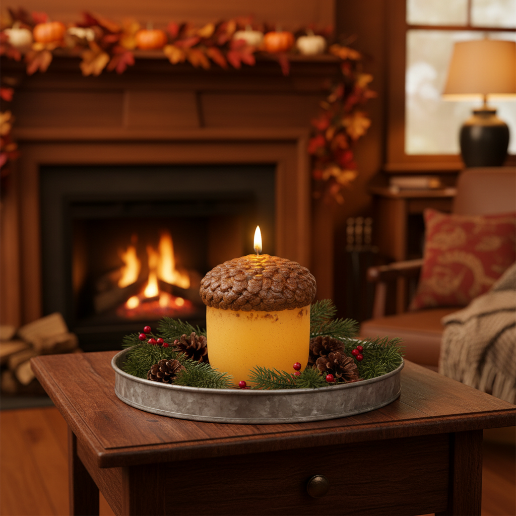 Decorative candle with acorn top on a tray in front of a fireplace