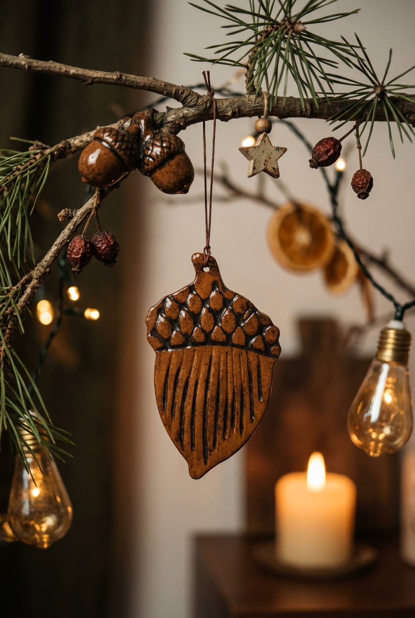 Acorn-shaped redware ornament with a glossy brown glaze, a textured cap, etched vertical lines, and a hanging cord.