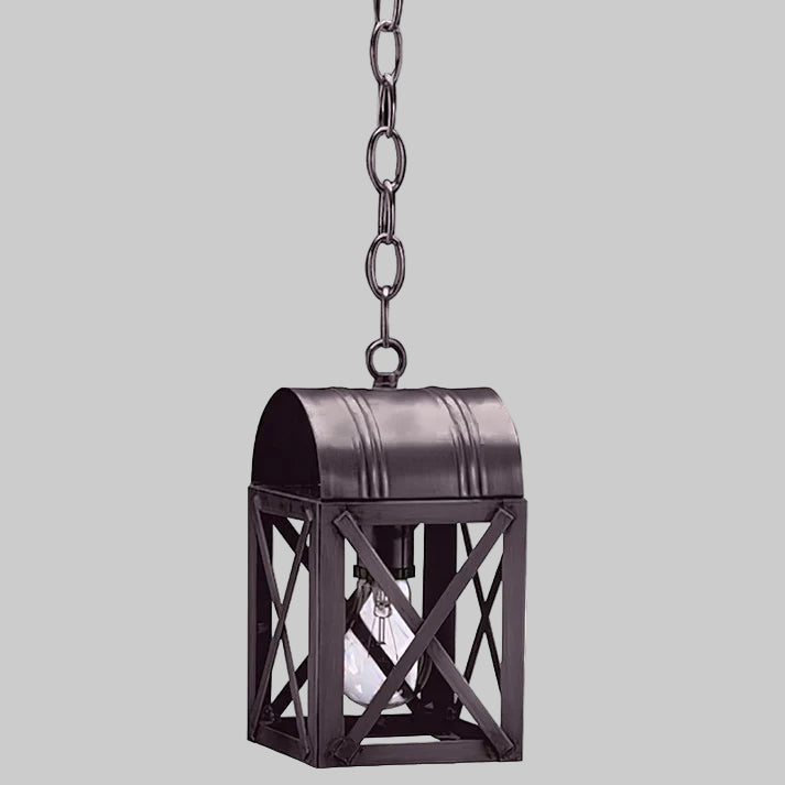 Black metal hanging lantern with chain on a gray background