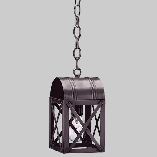 Black metal hanging lantern with chain on a gray background