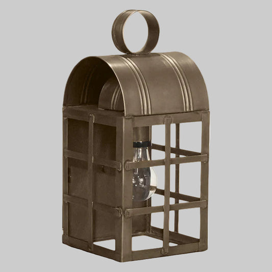 Bronze outdoor wall lantern with a clear bulb inside on a white background