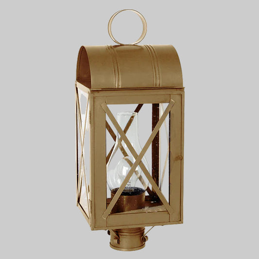 Bronze outdoor lantern with clear glass on a gray background