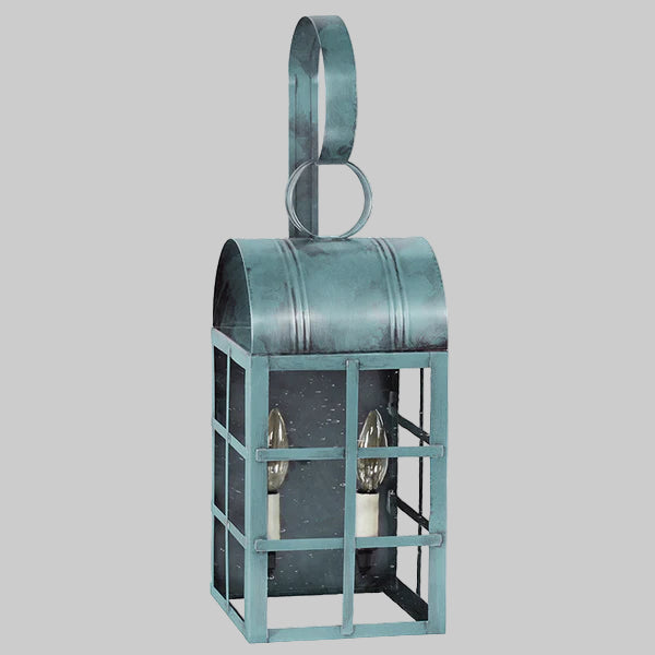 Metal lantern with a handle on a gray background