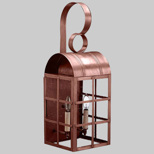 Copper lantern with a unique design on a gray background