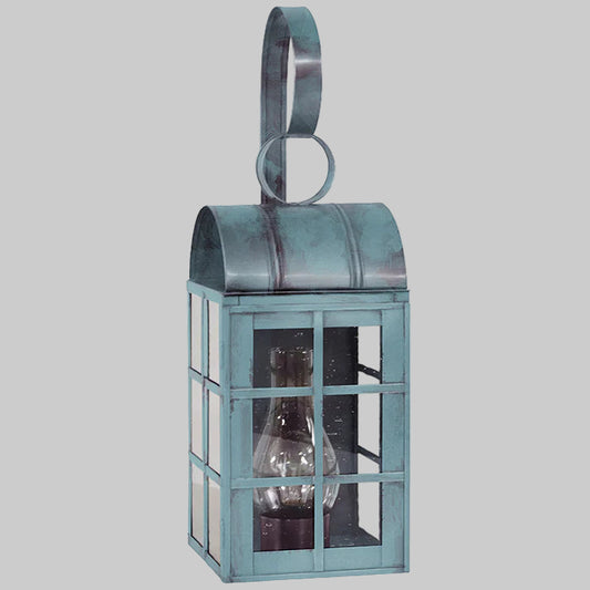 Blue metal lantern with glass panels on a gray background