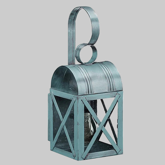 Vintage-style metal lantern with a handle on a gray background