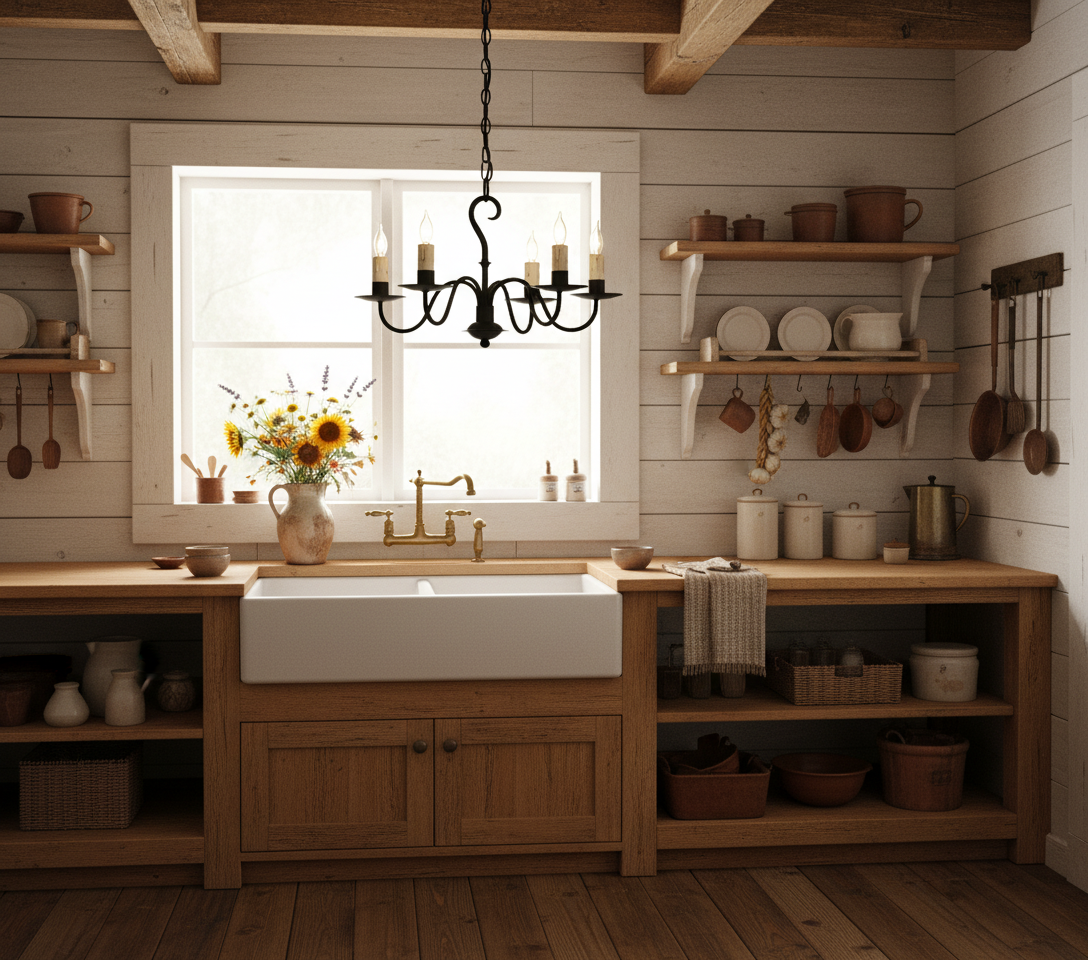Wrought iron chandelier hanging over primitive kitchen sink.