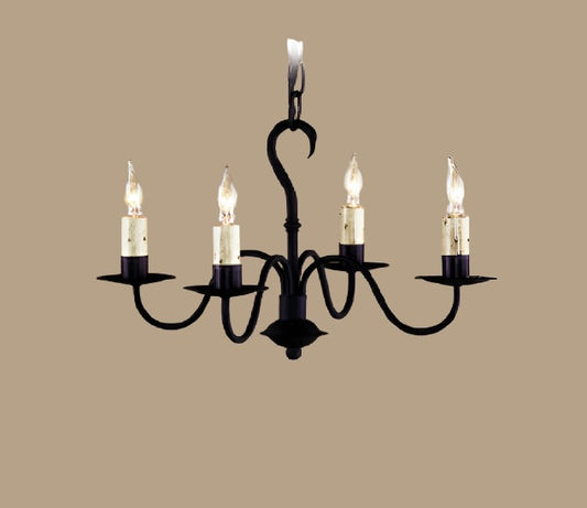 A black wrought iron chandelier with four hanging lights, displayed against a beige background.