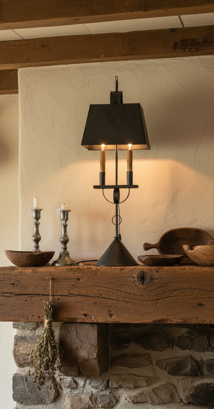 Vintage-style pendant light hanging above a rustic wooden table with stone wall background