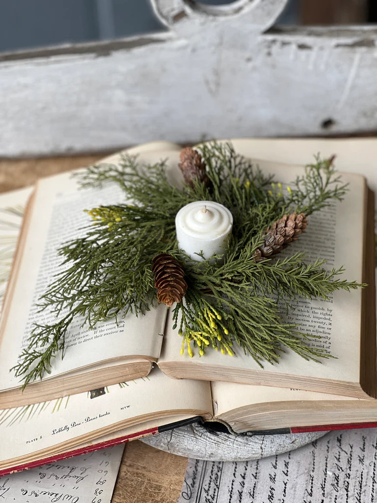 Open book with a small candle and greenery on top, set against a rustic background.