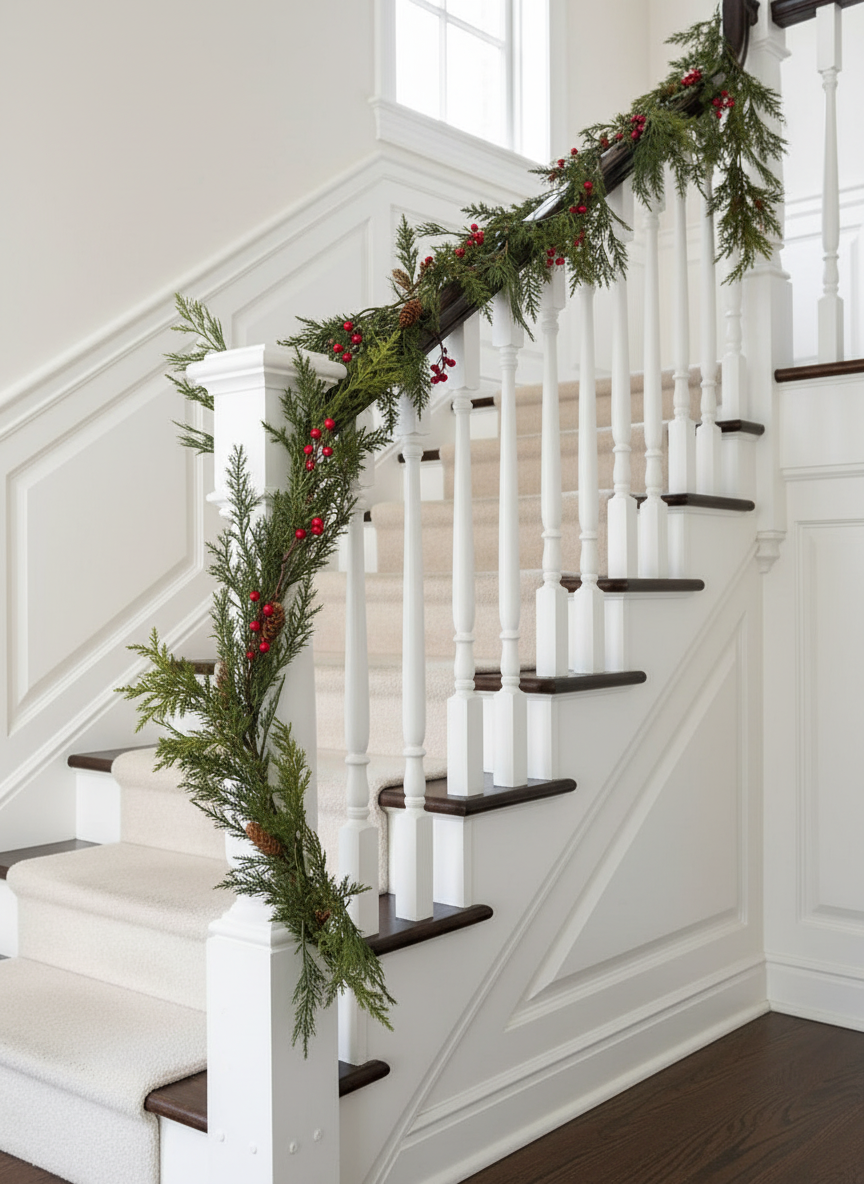 Decorative Christmas garland with red berries on a staircase.