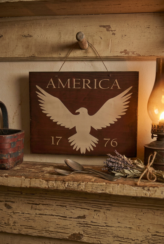 Wood sign with an eagle on a shelf peg.