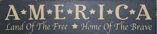 Wooden sign with 'AMERICA' text on a wooden surface