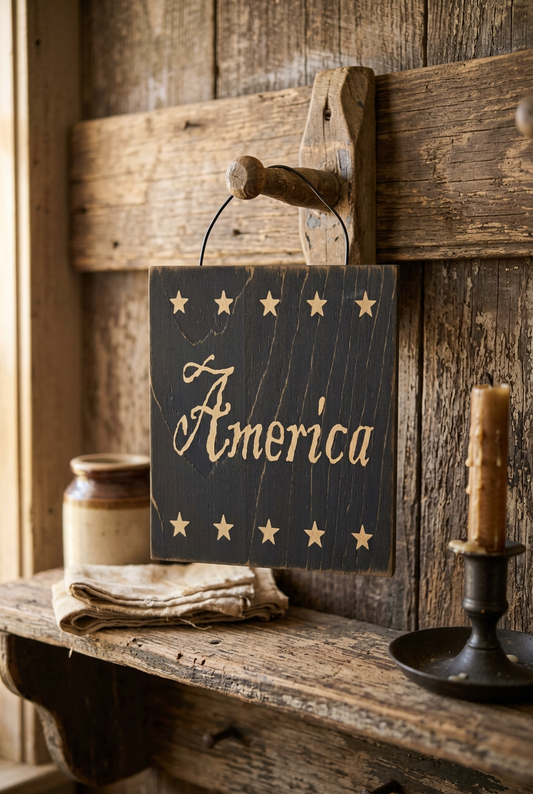 America wood sign hanging from a rustic peg.