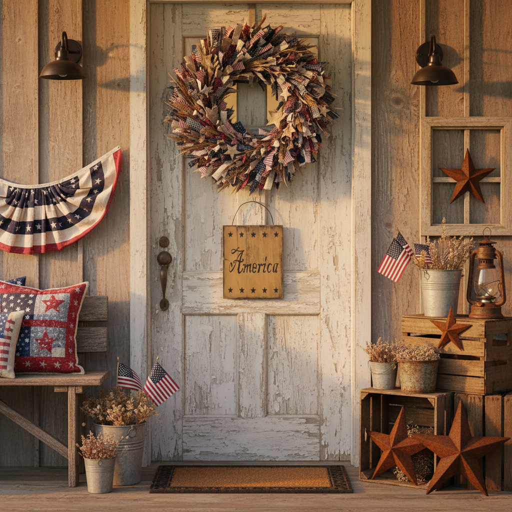 Vintage-style interior with wooden door, wreath, and American decor.