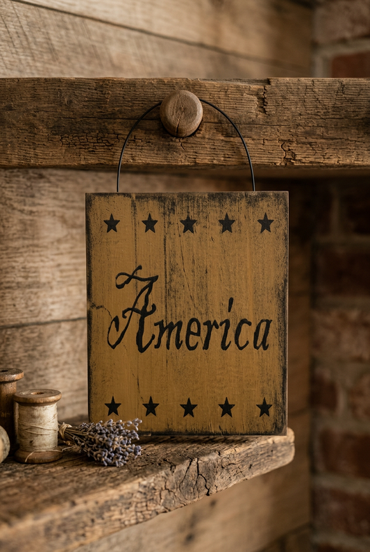 America wood sign with stars hanging from peg.