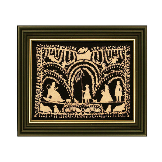 Framed paper cutting artwork featuring an early American scene with figures, animals, and a patriotic theme.