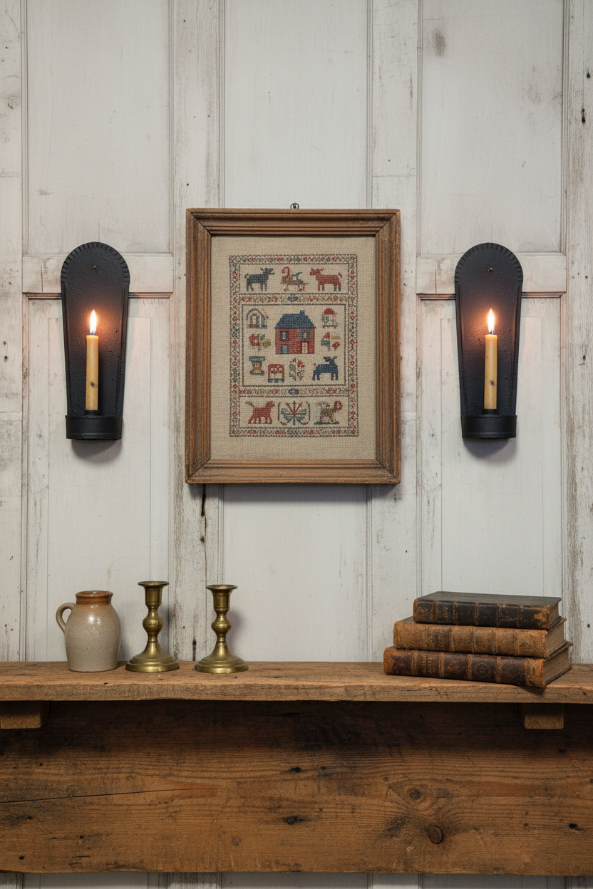 A framed cross-stitch piece depicting a small house and farm animals hangs on a white wood paneled wall above a wooden shelf. Two black wall sconces with lit candles flank the frame, and the shelf holds two brass candlesticks, a small ceramic jug, and a stack of old books.