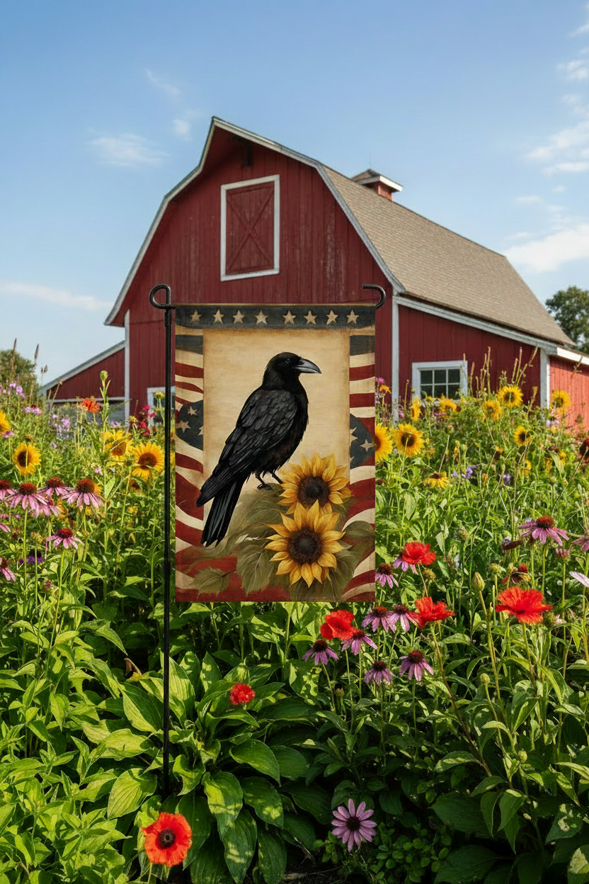 Red barn with a decorative flag featuring a crow and sunflowers, surrounded by flowers.