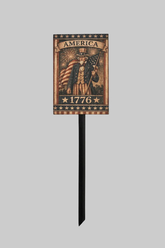 Decorative garden stake with American-themed design on a white background