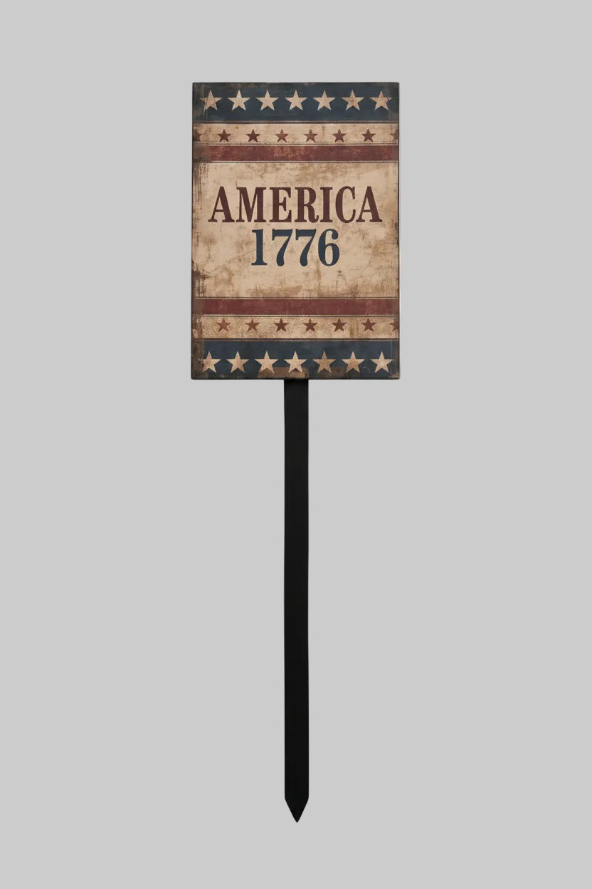 Decorative sign with 'America 1776' on a textured surface