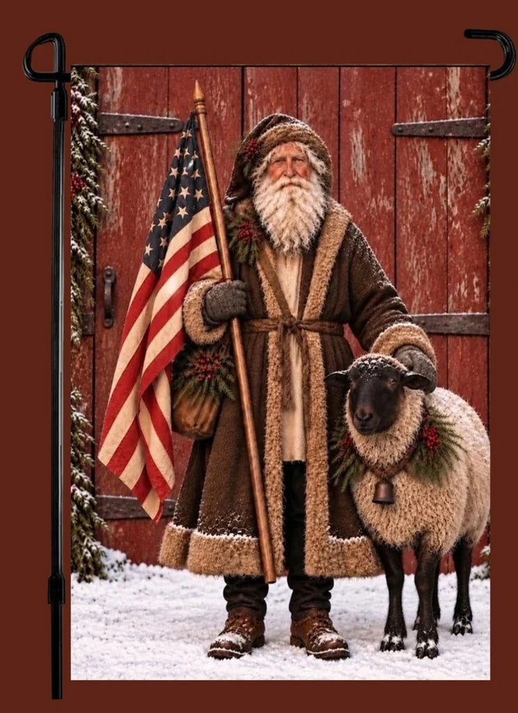 Americana garden flag featuring Santa in a brown fur-trimmed coat holding an American flag beside a sheep in the snow.⠋