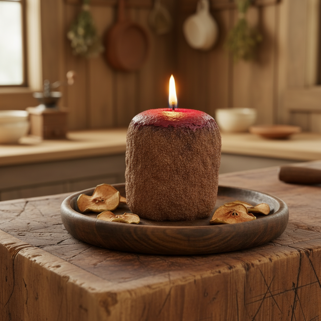 Candle on a wooden surface in a rustic kitchen setting
