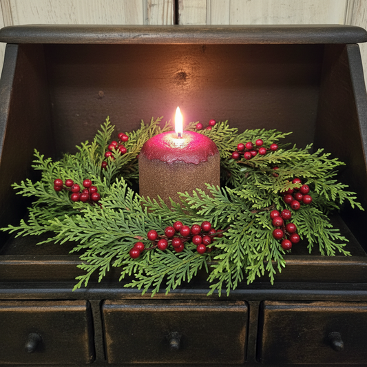 Decorative candle with greenery and berries on a wooden surface