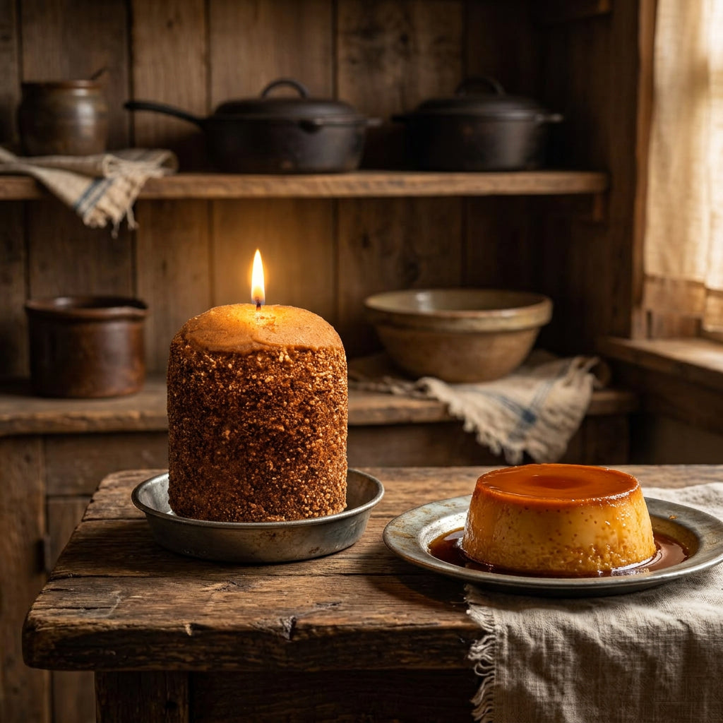 Burning candle next to a flan pudding in a primitive room.
