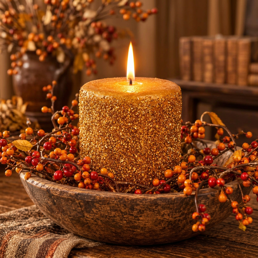 A lit gold glitter pillar candle sits in a rustic wooden bowl filled with red and orange berries, set on a wooden table with a cozy autumn background.