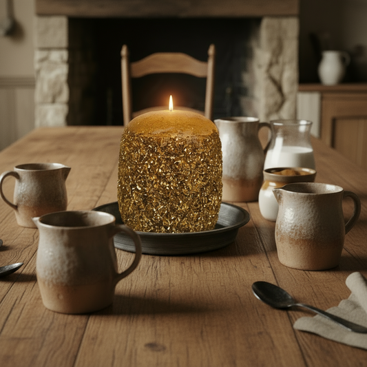 Wooden dining table with a lit candle and mugs in a rustic kitchen.