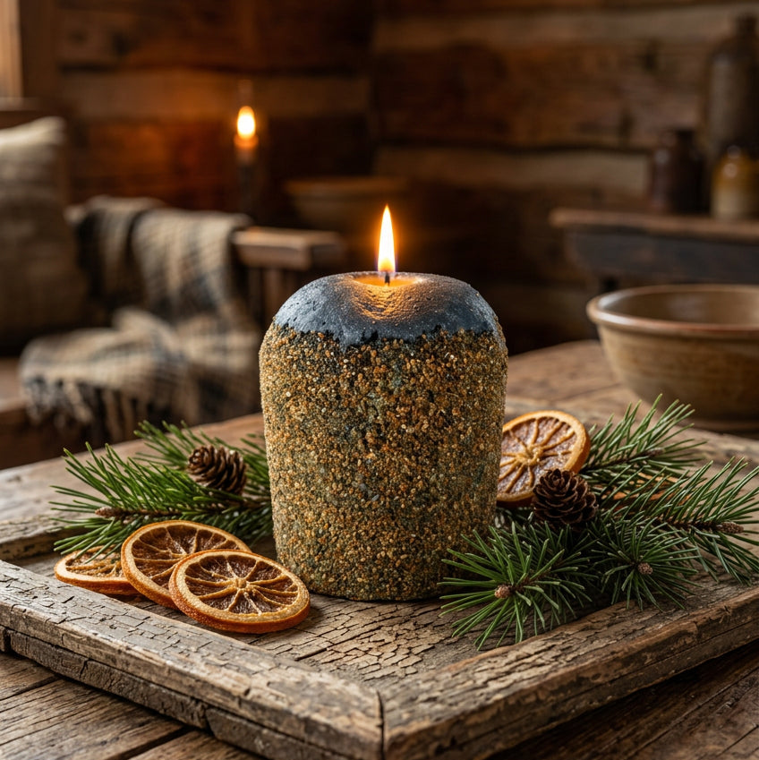 Burning candle on wood tray with orange slices and fresh greens in a primitive, dimly lit room.