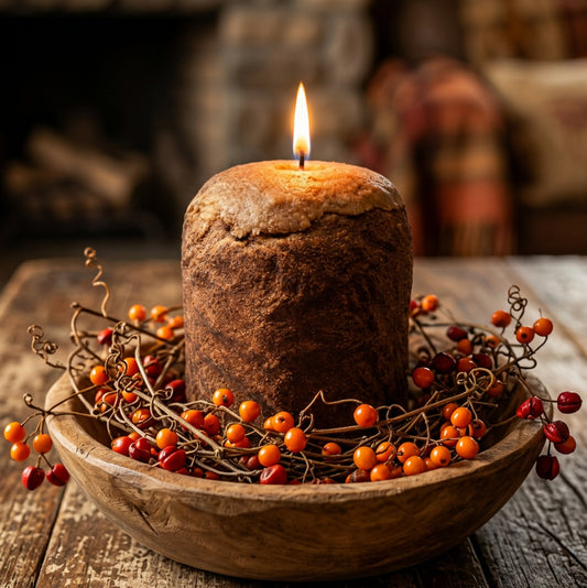 Lit brown Ginger and Fig Hearth Candle in a wooden bowl surrounded by orange and red berry vines