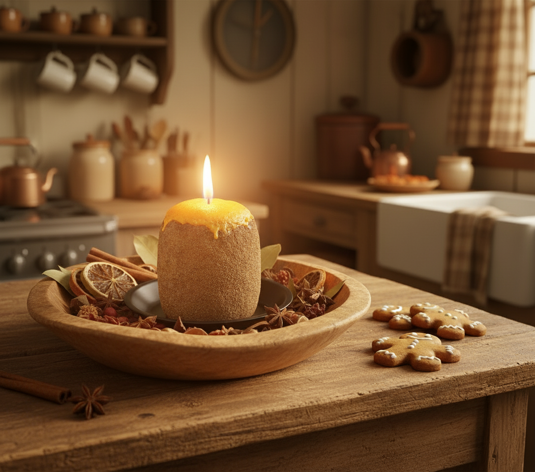 Candle in a wooden bowl with spices and cookies on a rustic kitchen counter