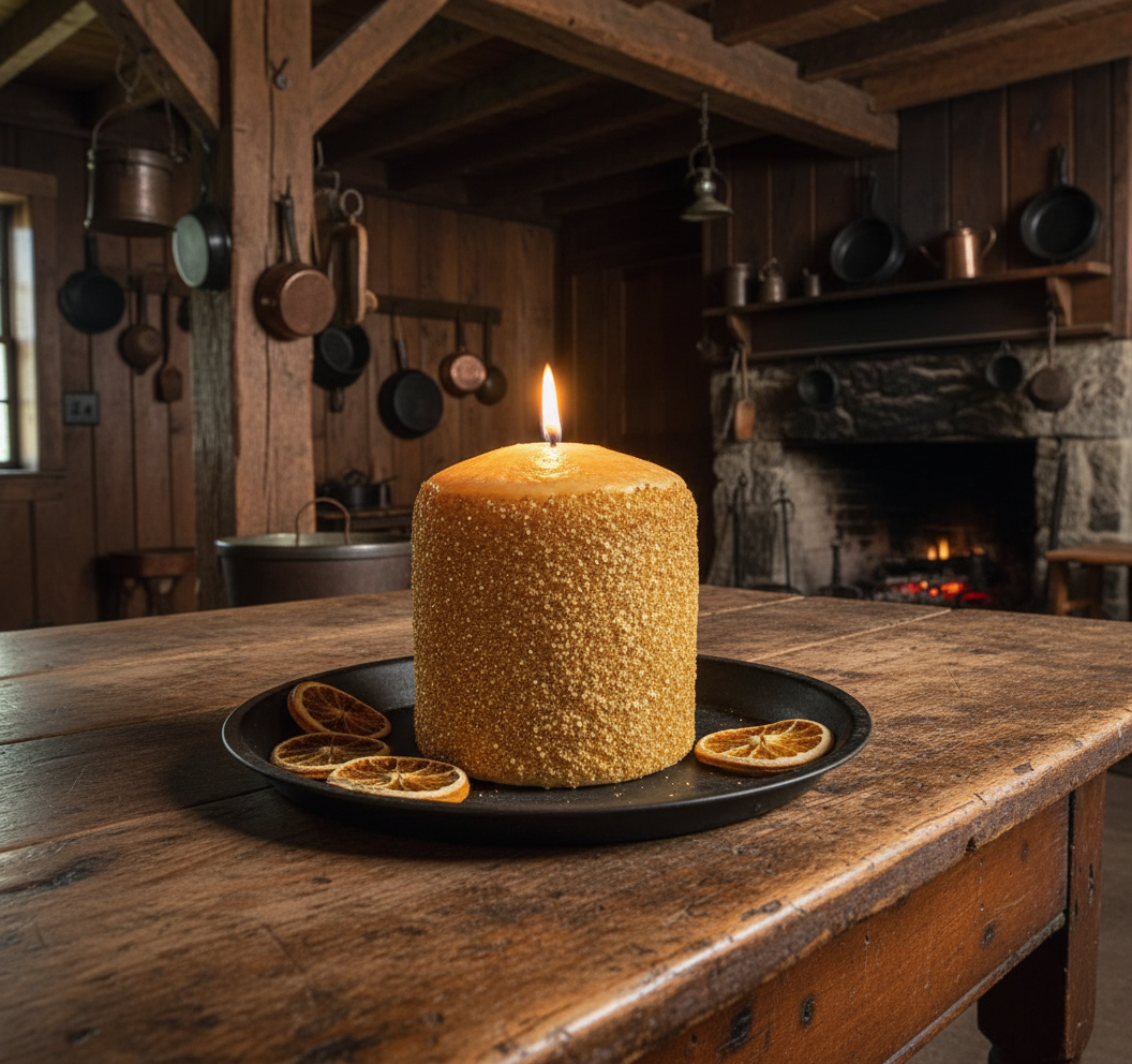 Candle on a wooden table with a rustic kitchen background