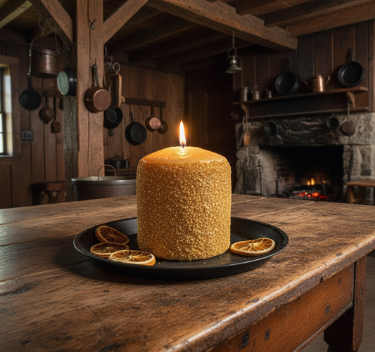 Candle on a wooden table with a rustic kitchen background