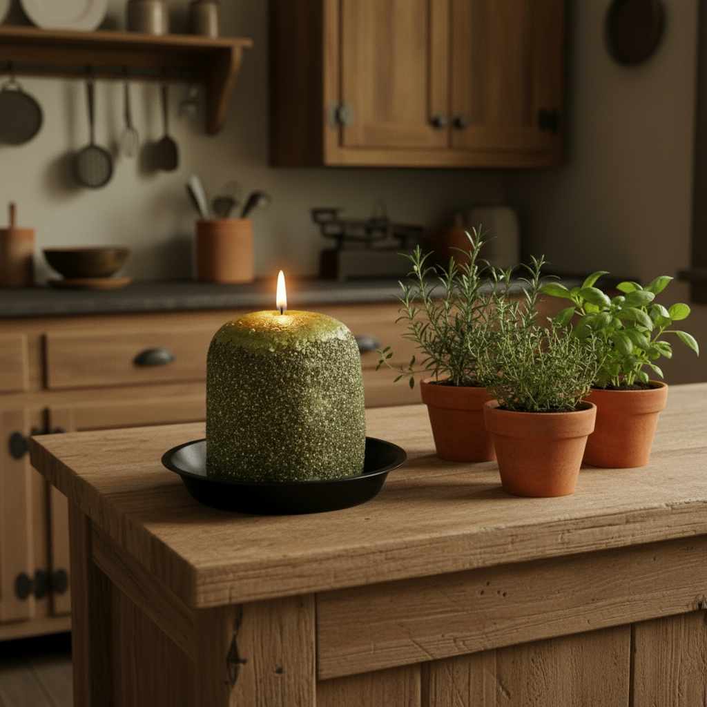 Green candle on a wooden table with potted plants in a kitchen setting