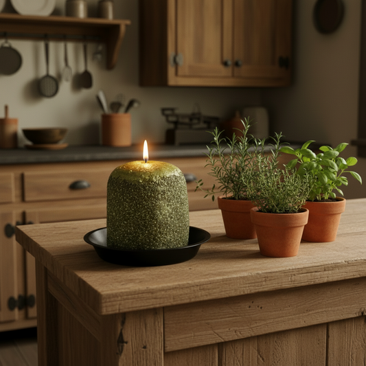 Green candle on a wooden table with potted plants in a kitchen setting