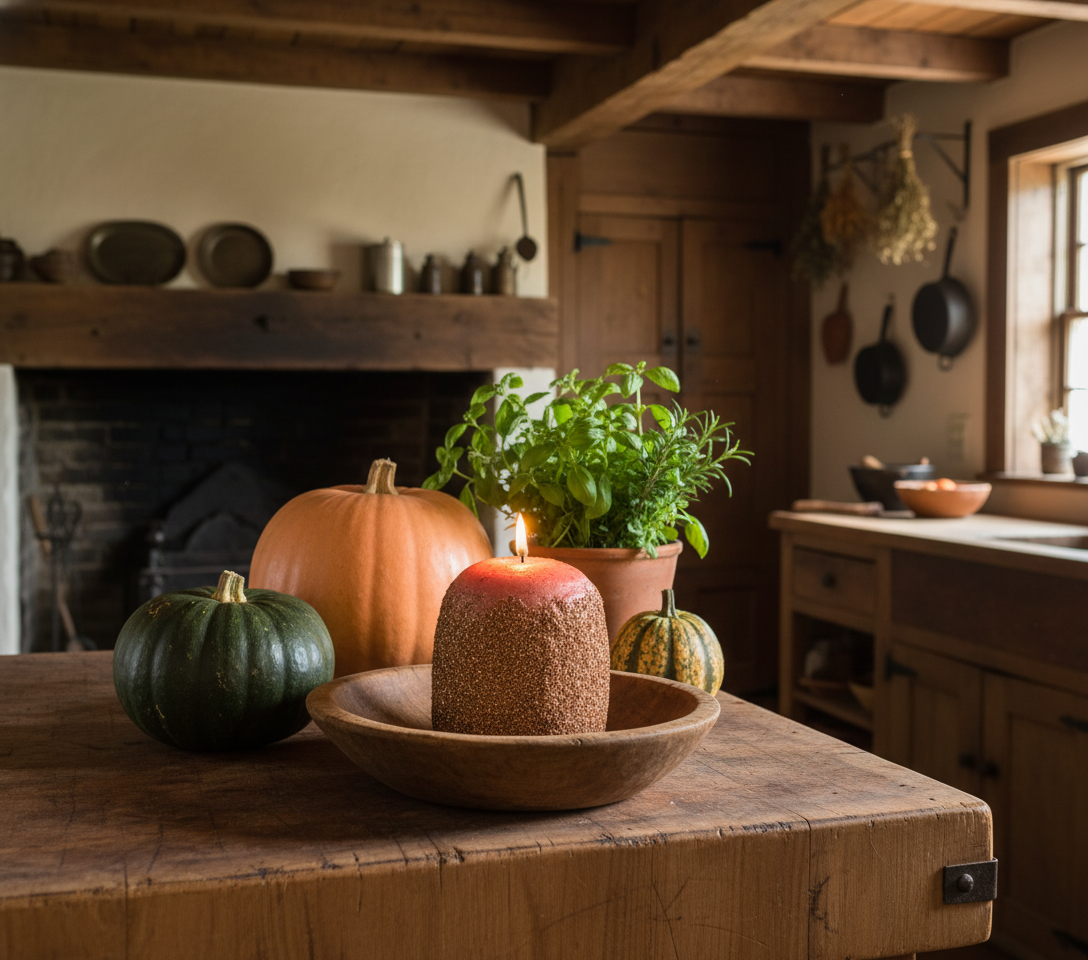 Autumn-themed decor with pumpkins and a candle on a wooden table in a rustic kitchen.