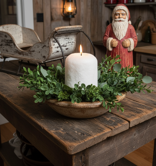 Decorative setup with a lit candle in a wooden bowl, surrounded by greenery on a rustic wooden table.