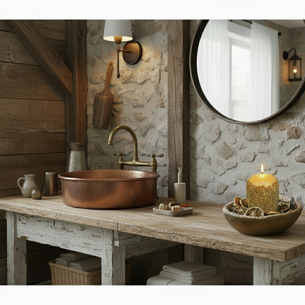 Bathroom with wooden vanity, copper sink, and decorative elements.
