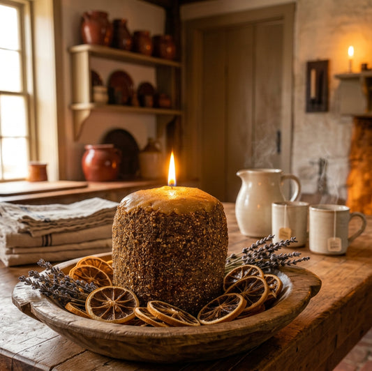 Lit Lemon Custard Hearth Candle in a wooden bowl with dried citrus slices and lavender.