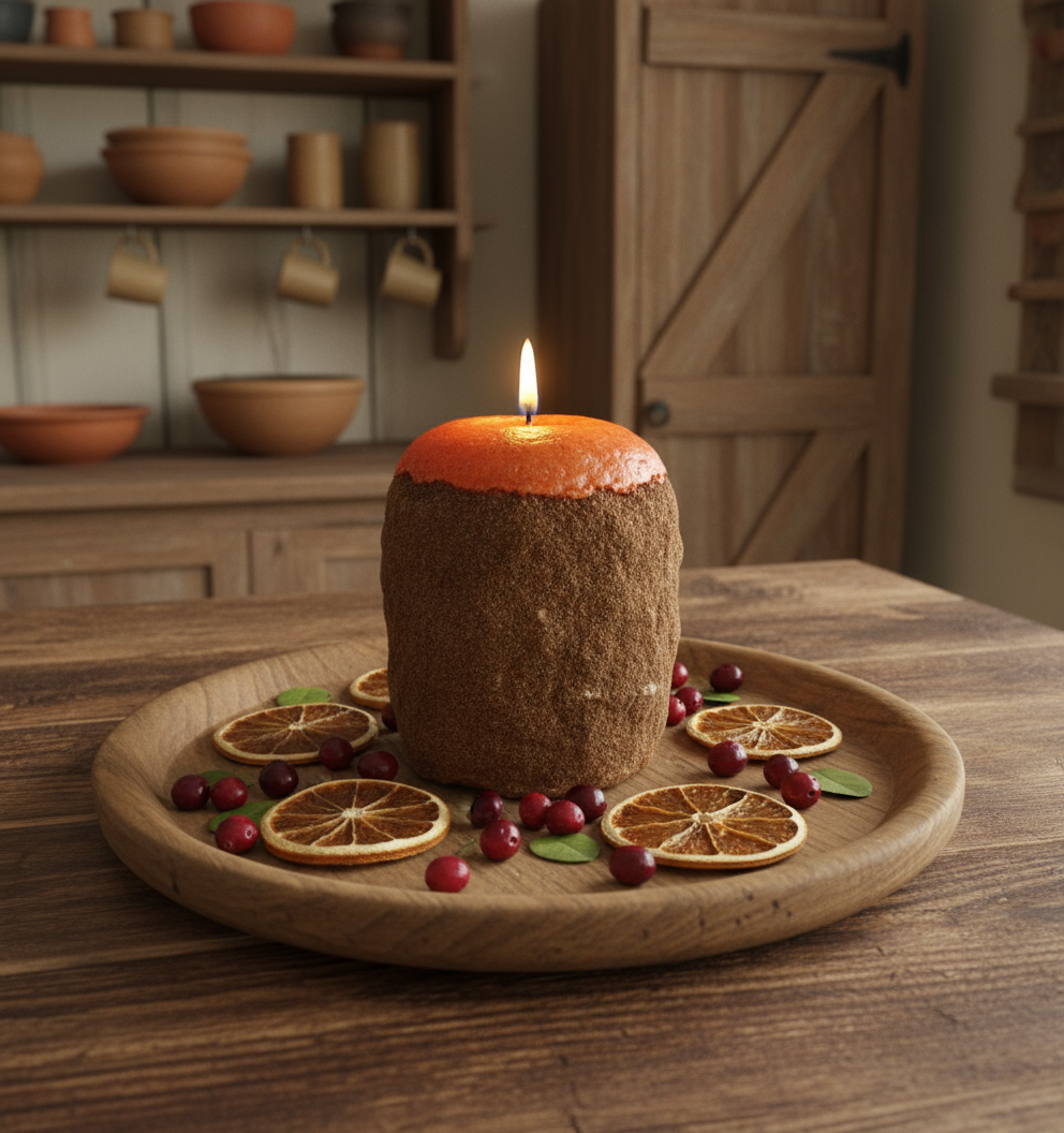 Candle made from an orange on a wooden tray with dried fruits and oranges, set against a rustic background.
