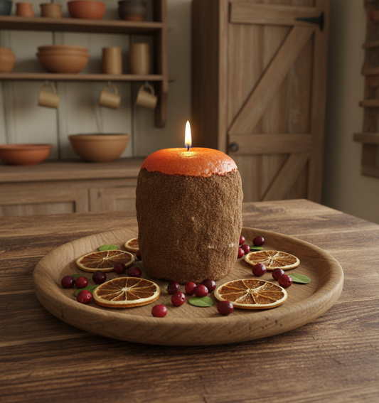 Candle made from an orange on a wooden tray with dried fruits and oranges, set against a rustic background.
