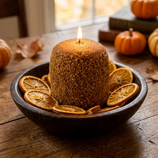 Lit Orange Cream Hearth Candle in a dark wooden bowl with dried orange slices and pumpkins in the background