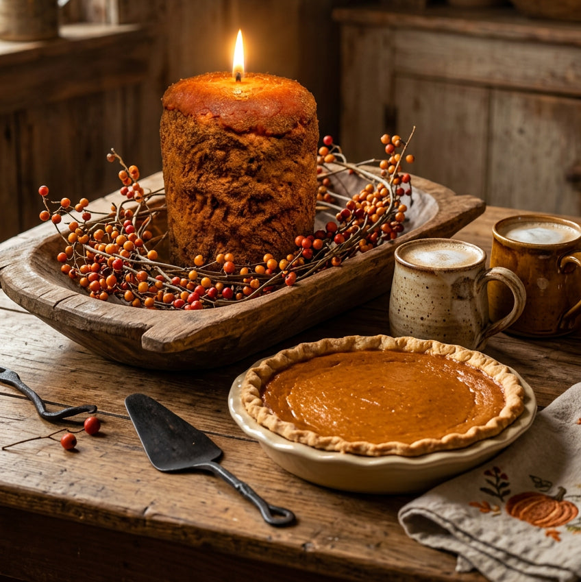 Candle next to pumpkin pie and two lattes in a primitive setting.