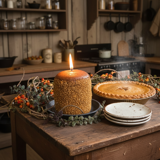 Candle and pies on a wooden table in a rustic kitchen setting