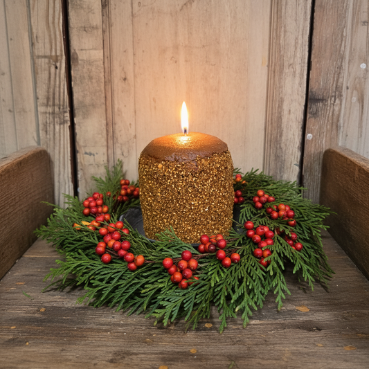 Decorative candle with gold glitter and greenery on a wooden surface