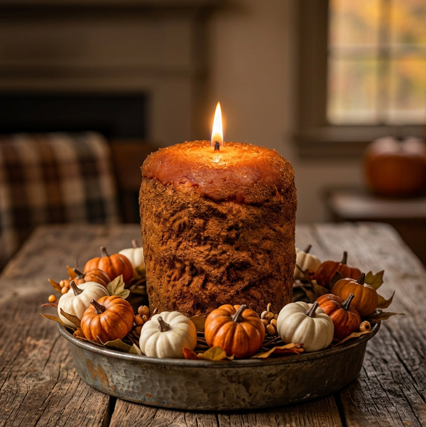 Candle with pumpkin candle ring on an antique table in a dimly lit room.