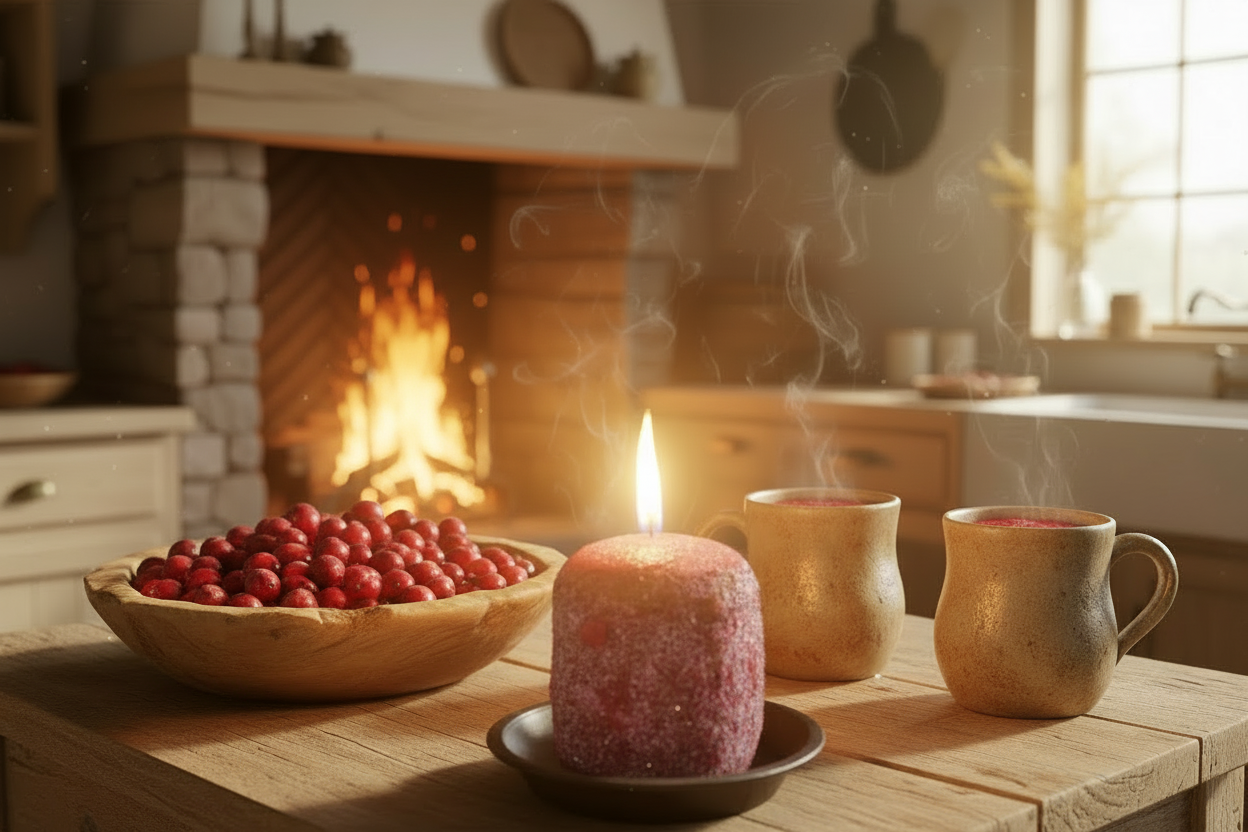 Cozy kitchen scene with a wooden table, apples, a lit candle, and mugs.